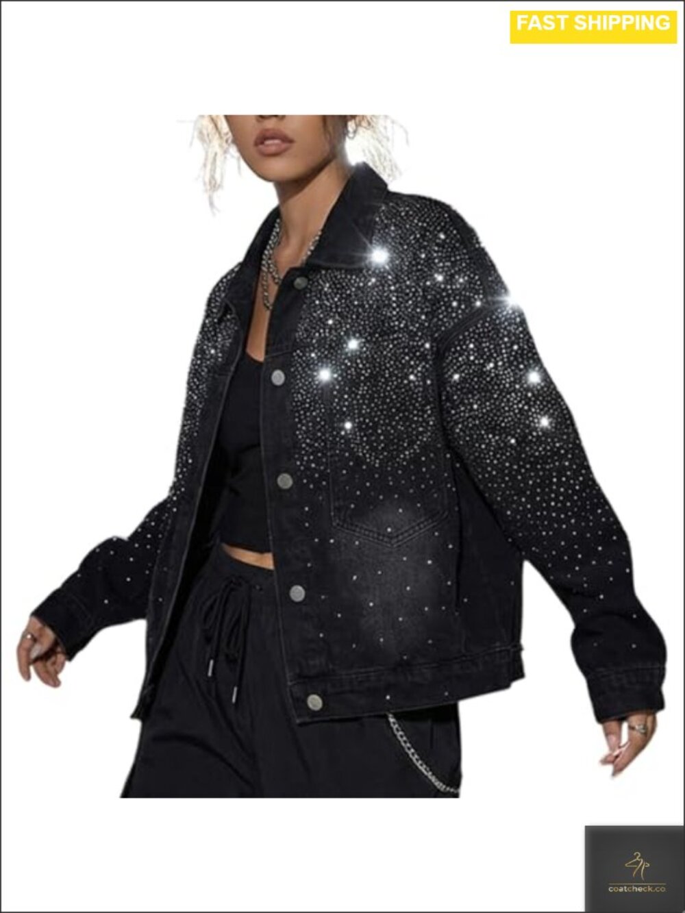 Rhinestone Crop Denim Jacket Button Down Boyfriend Jean Jacket